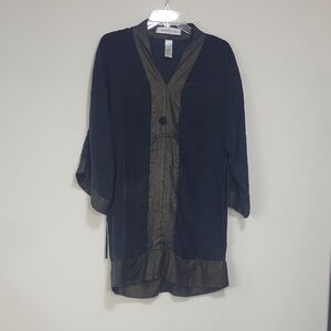 LAUNDRY by DESIGN Gray Gold Silk V-Neck Drawstring Waist Kimono Dress